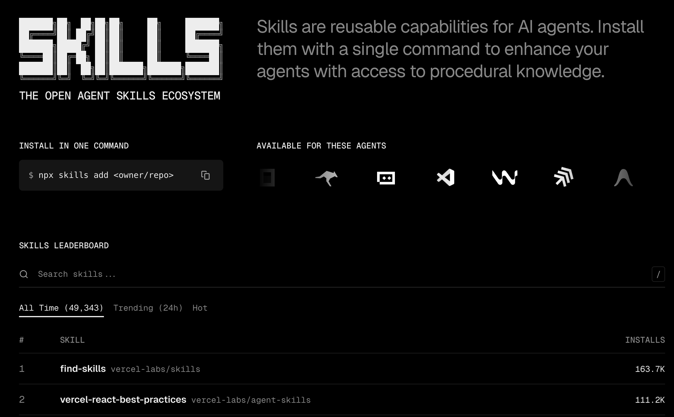 skills.sh home — skill catalog with search and leaderboard