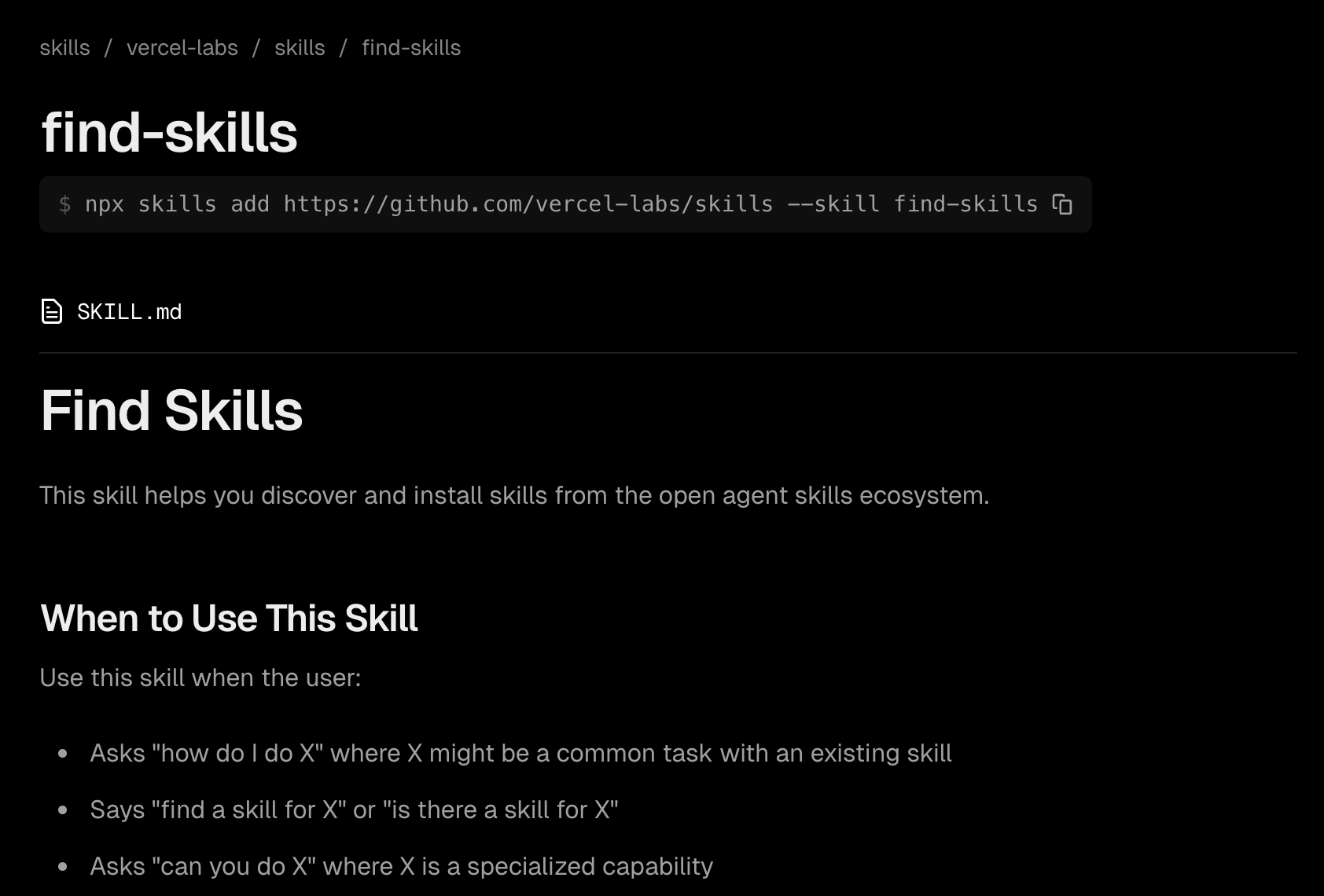 find-skills page — description and install command