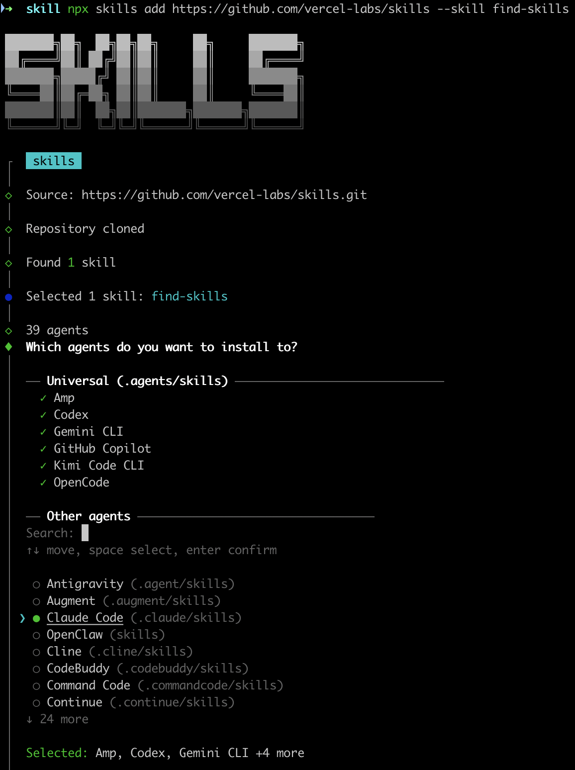 Select agents — pick Claude Code